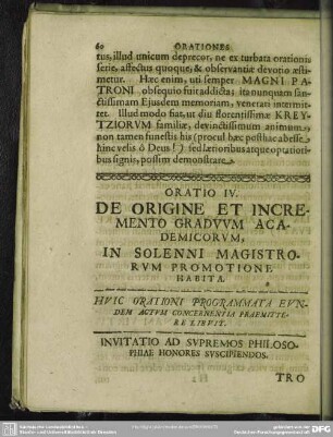 Oratio IV. De Origine Et Incremento Graduum Academicorum, In Solenni Magistrorum Promotione Habita