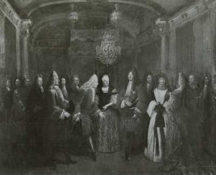 Ludwig XIV., König von Frankreich : Empfang des sächsischen Kurprinzen Friedrich August II. durch Ludwig XIV. im Schloss Fontainbleau am 27.9.1714
