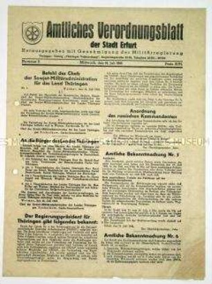 Amtliches Mitteilungsblatt der Stadt Erfurt u.a. mit dem Befehl Nr. 1 der SMAD Thüringen