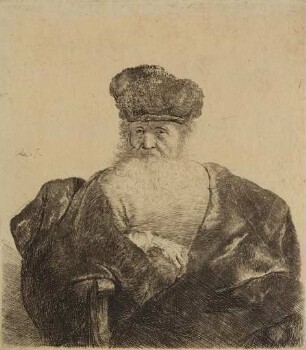 Alter Mann mit einem Bart, Pelzmütze und Samt-Mantel