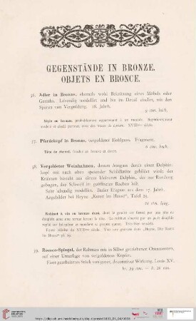 Gegenstände in Bronze. - Objets en bronce (Nr. 56 - 62)