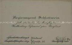 Visitenkarte des Regierungsrats Schlettwein aus der Sammlung des Reichskanzlers Wilhelm Marx / Kategorie "Reichsrat" - Sachkonvolut