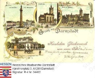 Darmstadt, Einzelansichten auf Grußpostkarte / Luisenplatz mit Ludwigs-Monument; Stadtkirche; Markt mit Rathaus; Theater und Kriegerdenkmal