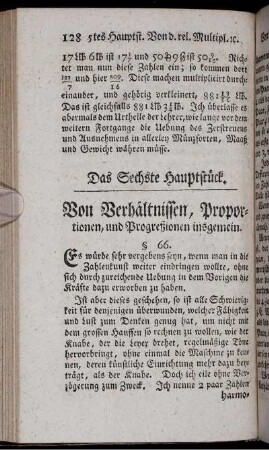 Das Sechste Hauptstück. Von Verhältnissen, Proportionen, und Progreßionen insgemein.