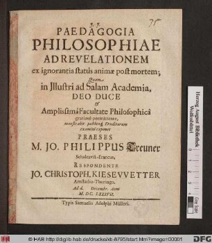 Paedagogia Philosophiae Ad Revelationem ex ignorantia status animae post mortem