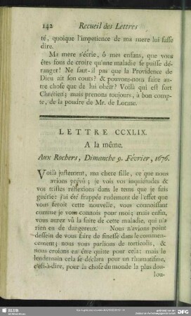 Lettre CCXLIX. A la même. Aux Rochers, Dimanche 9. Février, 1676