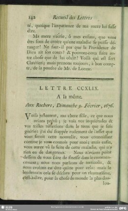 Lettre CCXLIX. A la même. Aux Rochers, Dimanche 9. Février, 1676