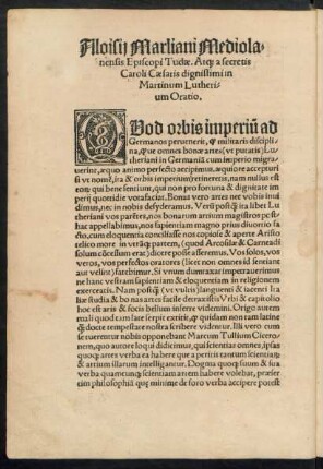Aloisii Marliani Mediolanensis Episcopi Tudae. Atque a secretis Caroli Caesaris dignissimi in Martinum Lutherium Oratio.
