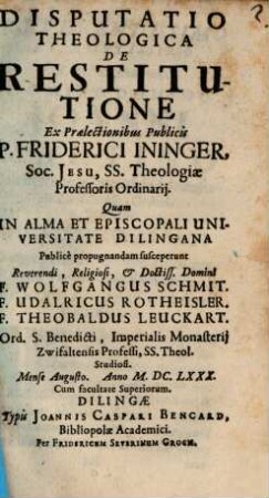 Disputatio Theologica De Restitutione