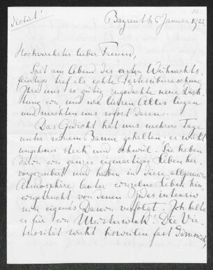 Brief von Houston Stewart Chamberlain an Gerhart Hauptmann, geschrieben von Eva Chamberlain