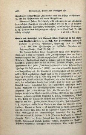 468-469 [Rezension] Espenberger, Johann Nepomuk, Grund und Gewißheit des übernatürlichen Glaubens in der Hoch- und Spätscholastik