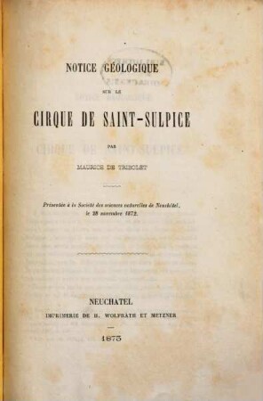 Notice géologique sur le cirque de Saint-Sulpice