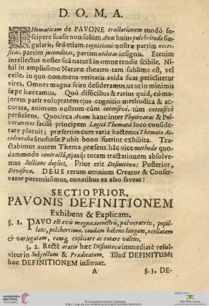 Sectio prior: Pavonis Definitionem - Exhibens & Explicans