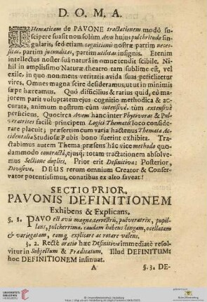 Sectio prior: Pavonis Definitionem - Exhibens & Explicans