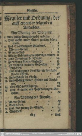 Register und Ordnung, der auff einander folgenden Andachten