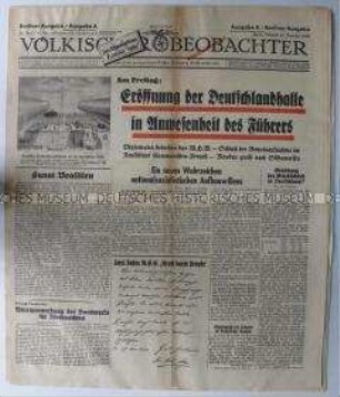 Tageszeitung "Völkischer Beobachter" u.a. zur bevorstehenden Einweihung der Deutschlandhalle