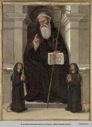 Antonius Abbas mit zwei betenden Mönchen