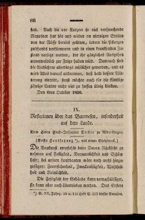 IX. Reflexionen über das Bauwesen, insonderheit auf dem Lande