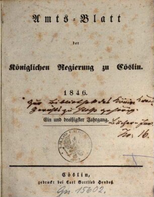 Amts-Blatt der preußischen Regierung zu Köslin. 1846 = Jg. 31