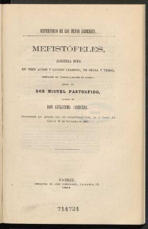 Mefistófeles : zarzuela bufa en tres actos y cuatro cuadros, en prosa y verso ; (imitación del francés y parodia de Fausto)