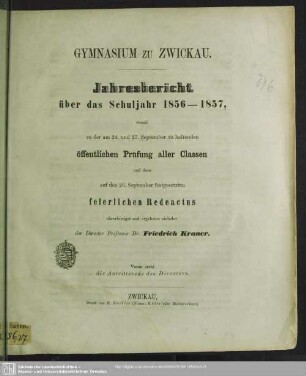 1856/57: Jahresbericht des Gymnasiums zu Zwickau : über das Schuljahr ...