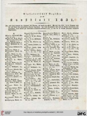 Alphabetisches Register zum Kunstblatt 1831