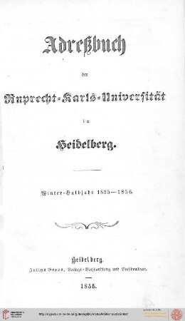 Verzeichnis der sämmtlichen Studierenden der Universität Heidelberg im Wintersemester 1855/1856 bis Sommersemester 1860