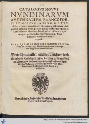 CATALOGVS NOVVS NVNDINARVM AVTVMNALIVM FRANCOFORTI AD MOENVM, ANNO D.M.LXXX.|| celebratarum: ...