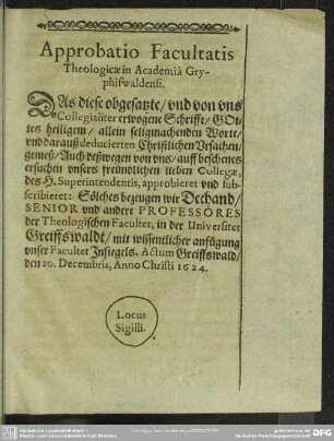 Approbatio Facultatis Theologicae in Academia Gryphiswaldensi