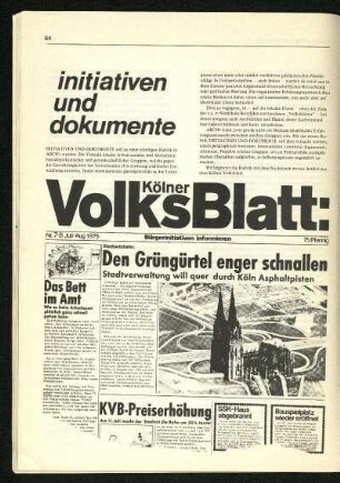 Faksimile Kölner Volksblatt Juli-August 1975: Den Grüngürtel enger schnallen