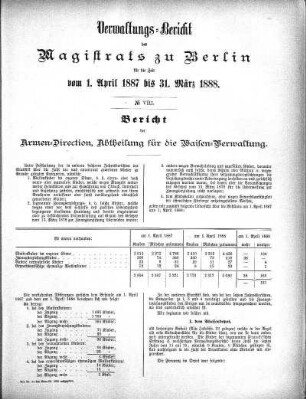 No. VIII. Bericht der Armen-Direction, Abtheilung für die Waisen-Verwaltung