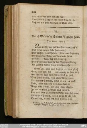 VI. Als ich Voltaire'ns Salomo gelesen hatte. (Im Januar, 1760.)