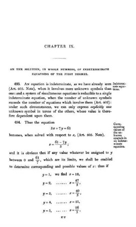 Chapter IX. On the solutions, in whole numbers, of indeterminate equations of the first degree.