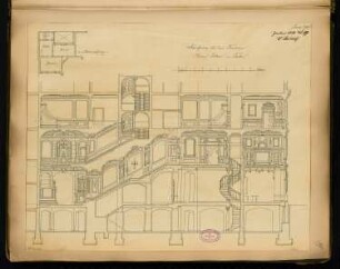 Wohn- und Geschäftshaus für die Fa. Faber, Berlin Monatskonkurrenz Januar 1882: Längsschnitt; Maßstabsleiste