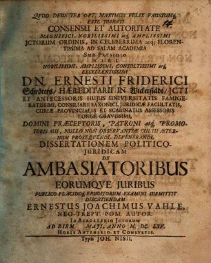 Diss. de ambasciatoribus, eorumque iuribus