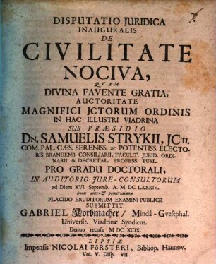 Disputatio Juridica Inauguralis De Civilitate Nociva
