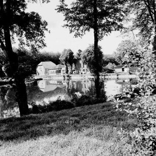 Lasbek-Gut: Lasbeker Mühle und Mühlenteich: vorn Wiese mit Bäumen und Sträuchern: im Hinterngrund Bäume