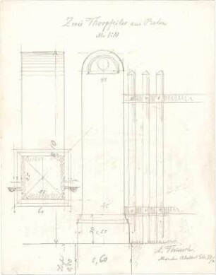 Thiersch, August ; Gebäude, Nebengebäude, Innenausstattung - unbestimmbare Einzelblätter - Nebenbauten - Torpfeiler in der Adalbertstrasse 64/2, München (Grundriss, Teilansichten)