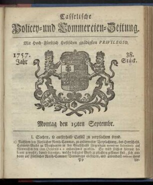 38. Stueck, Montag den 19ten Septembr. 1757