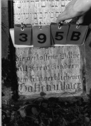 Grabstein 395 (Index: 99792070) Material: Sandstein Zustand: leicht verwittertert, Stele liegend Maße HxBxT: 97x52x19 cm Beschreibung: Stele, Rundbogenabschluß, Schriftfeld eingetieft Symbolik: Blüte: Grabstein 395B
