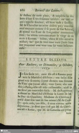 Lettre DLXXXVII. Aux Rochers, ce Dimanche, 9. Octobre, 1689