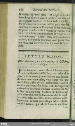 Lettre DLXXXVII. Aux Rochers, ce Dimanche, 9. Octobre, 1689