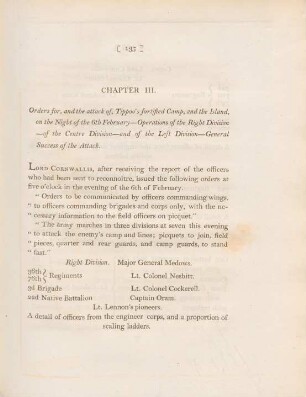 Chapter III. Orders for, and the attack of Tippoo's fortified camp, and the island on the night of the 6th February - ...