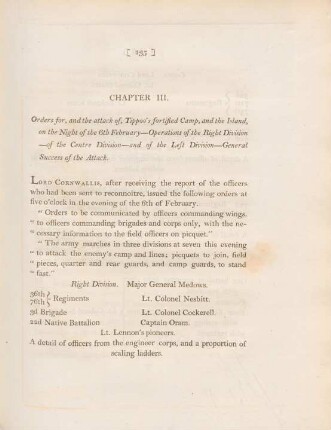 Chapter III. Orders for, and the attack of Tippoo's fortified camp, and the island on the night of the 6th February - ...