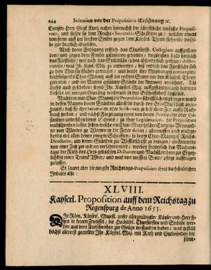 XLVIII. Kayserl. Proposition auff dem Reichstag zu Regenspurg de Anno 1653