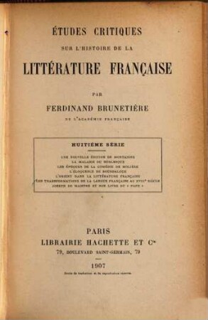 Études critiques sur l'histoire de la littérature française. 8