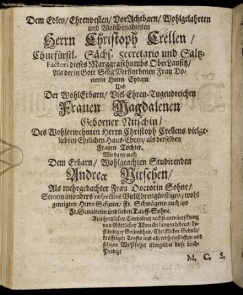 Dem Edlen / [...] Herrn Christoph Crellen [...]