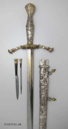 Kurschwert / Kurschwert mit Scheide, Messer und Pfriem