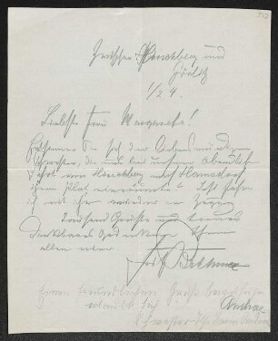 Brief von Fritz Brehmer und Unbekannt an Margarete Hauptmann