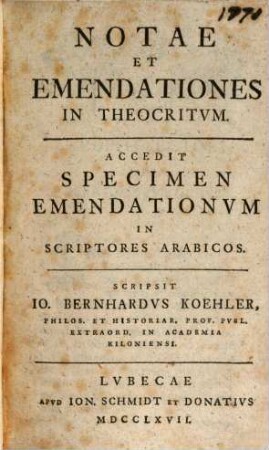 Notae Et Emendationes In Theocritum : Accedit Specimen Emendationum In Scriptores Arabicos